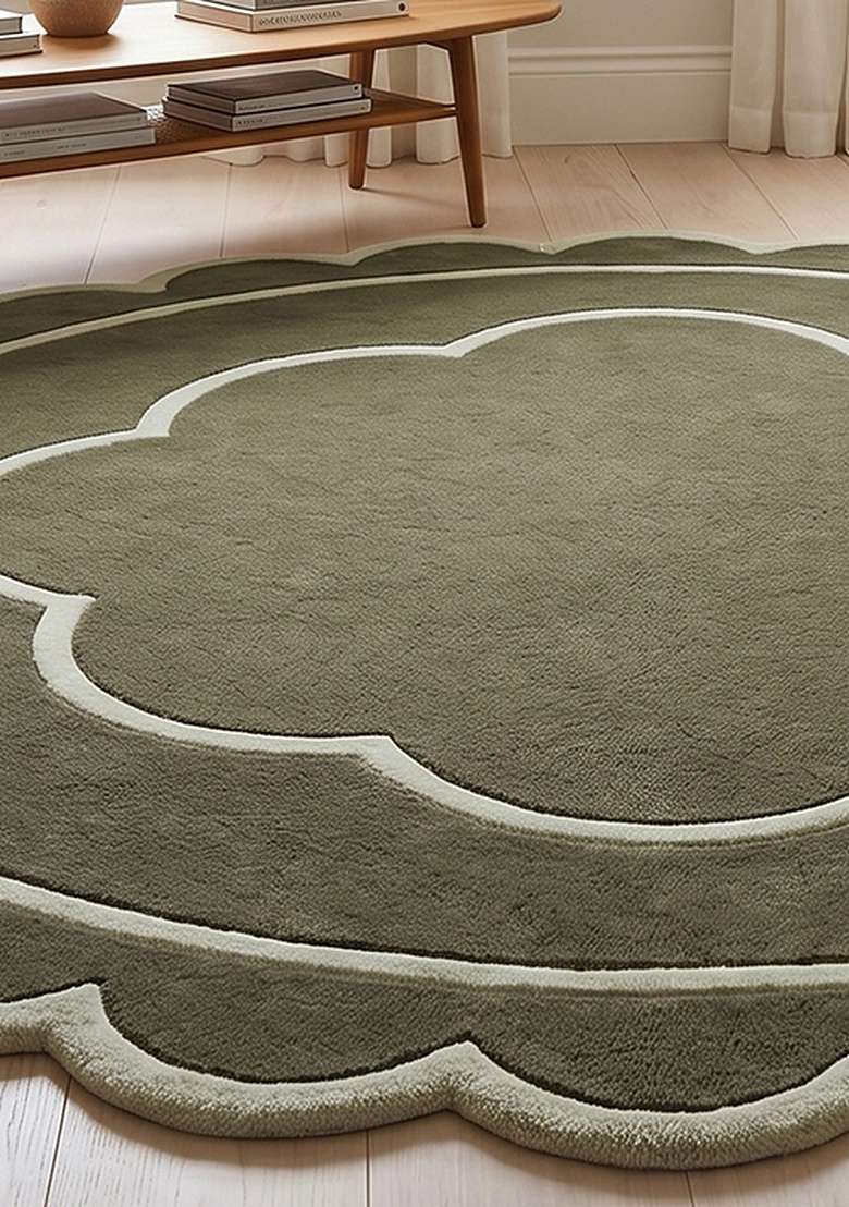Saffron Rugs Hand-Tufted 100% Wool Area Rug | Olive Green Scalloped Rug | Cotton Backing | Contemporary Floral Home Decor Carpet for Living Room Bedroom - Indya