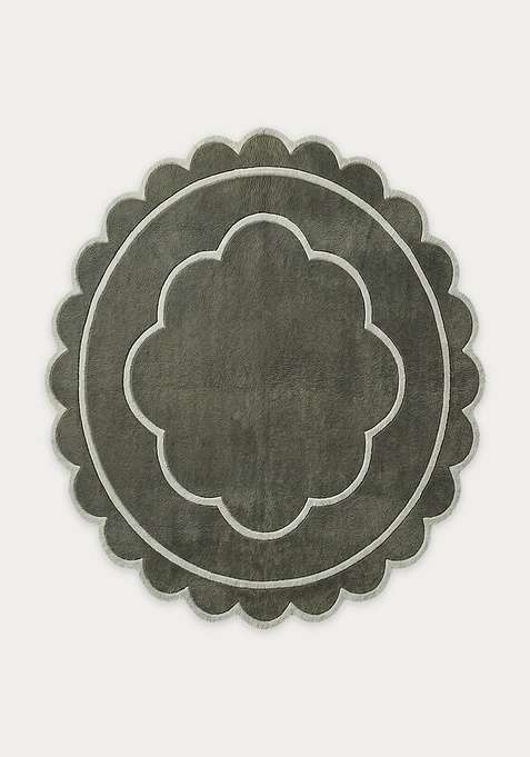100% Wool Handmade Olive Green Rug | Contemporary Floral Scalloped Carpet With Cotton Backing For Living Room