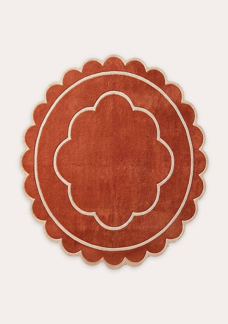 100% Wool Handmade Burnt Orange Rug | Contemporary Floral Scalloped Carpet With Cotton Backing For Living Room - Indya
