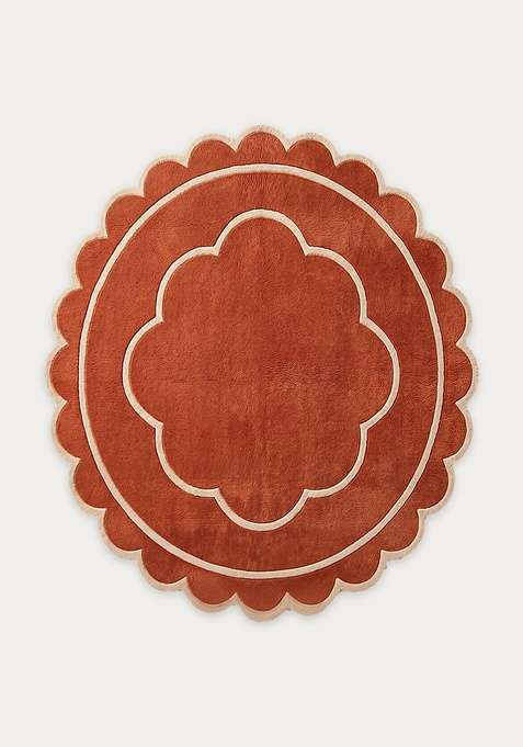 100% Wool Handmade Burnt Orange Rug | Contemporary Floral Scalloped Carpet With Cotton Backing For Living Room
