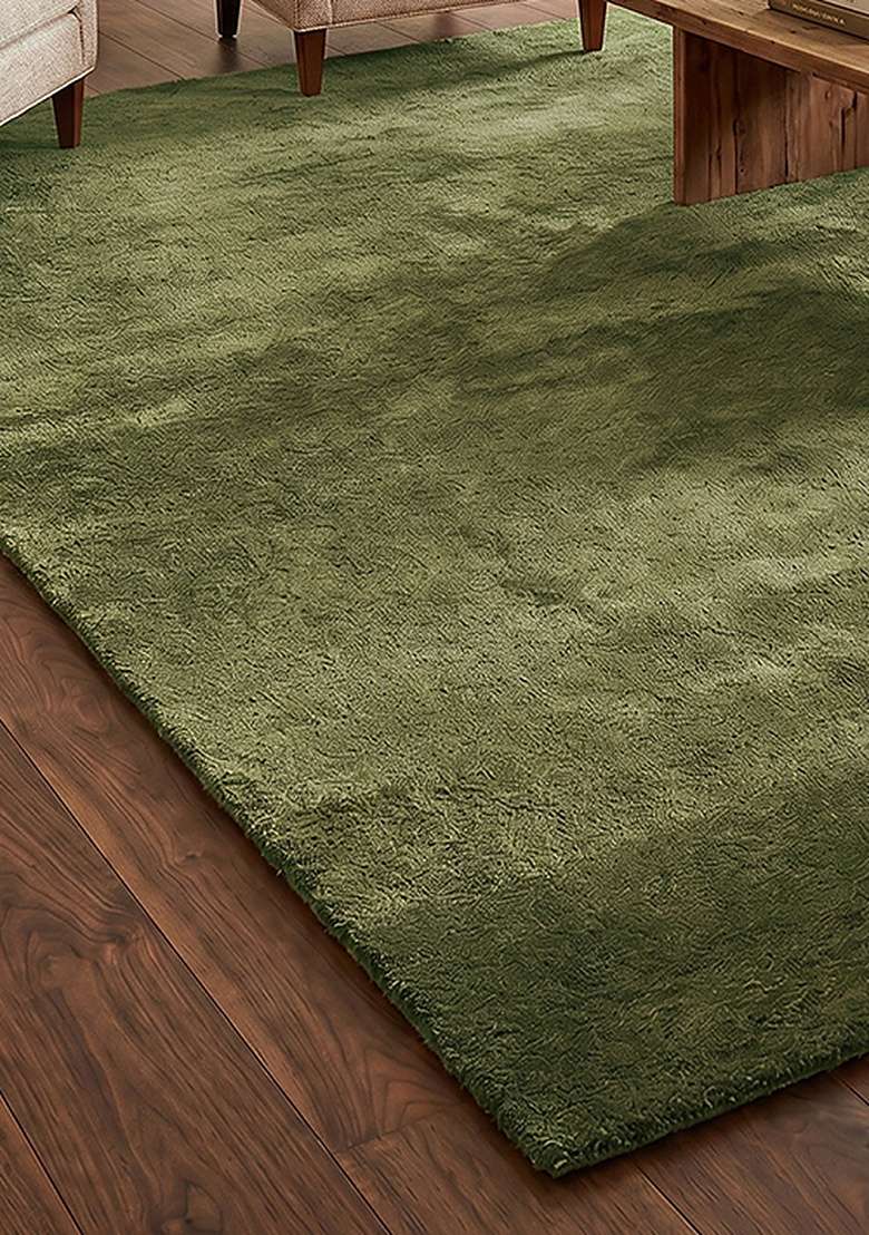Saffron Rugs Hand-Tufted 100% Wool Area Rug | Olive Green Rectangular Rug | Cotton Backing | Shag Solid Home Decor Carpet for Living Room Bedroom - Indya