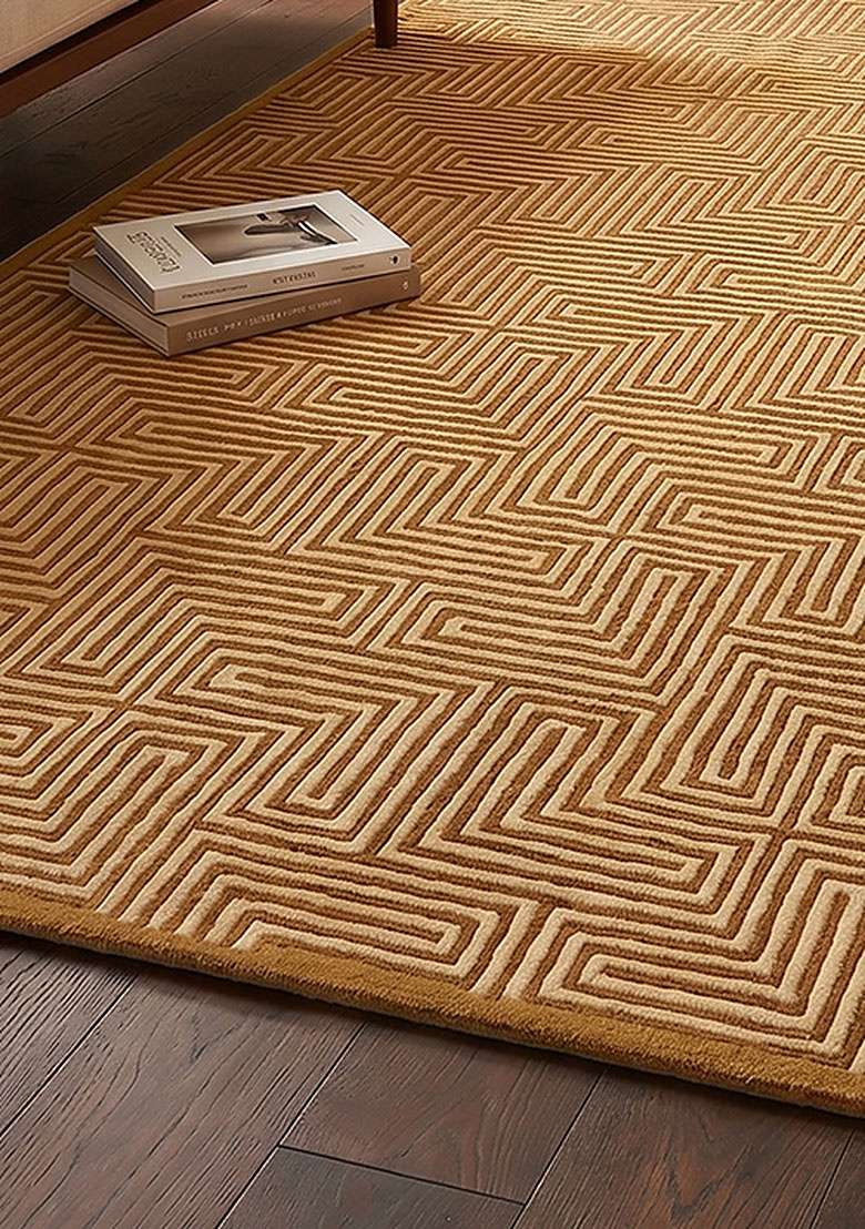 Saffron Rugs Hand-Tufted 100% Wool Area Rug | Ochre Yellow Rectangular Rug | Cotton Backing | Contemporary Geometric Home Decor Carpet for Living Room Bedroom - Indya