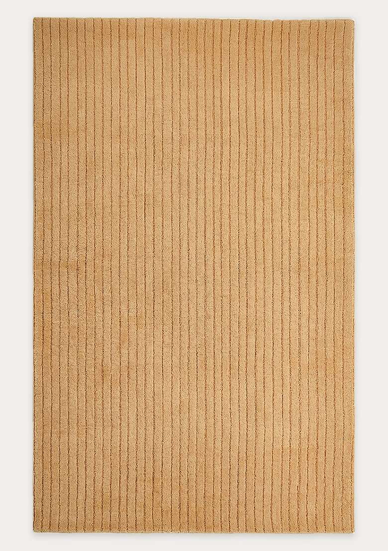 100% Wool Handmade Camel Rug | Minimalist Striped Carpet With Cotton Backing For Living Room - Indya