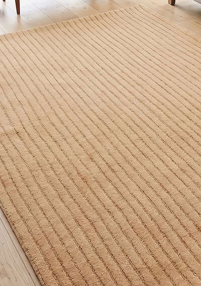 Saffron Rugs Hand-Tufted 100% Wool Area Rug | Camel Rectangular Rug | Cotton Backing | Minimalist Striped Home Decor Carpet for Living Room Bedroom - Indya