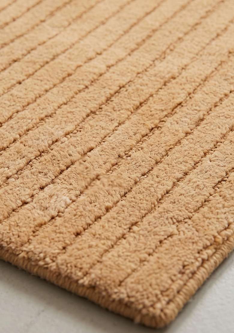100% Wool Handmade Camel Rug | Minimalist Striped Carpet With Cotton Backing For Living Room - Indya