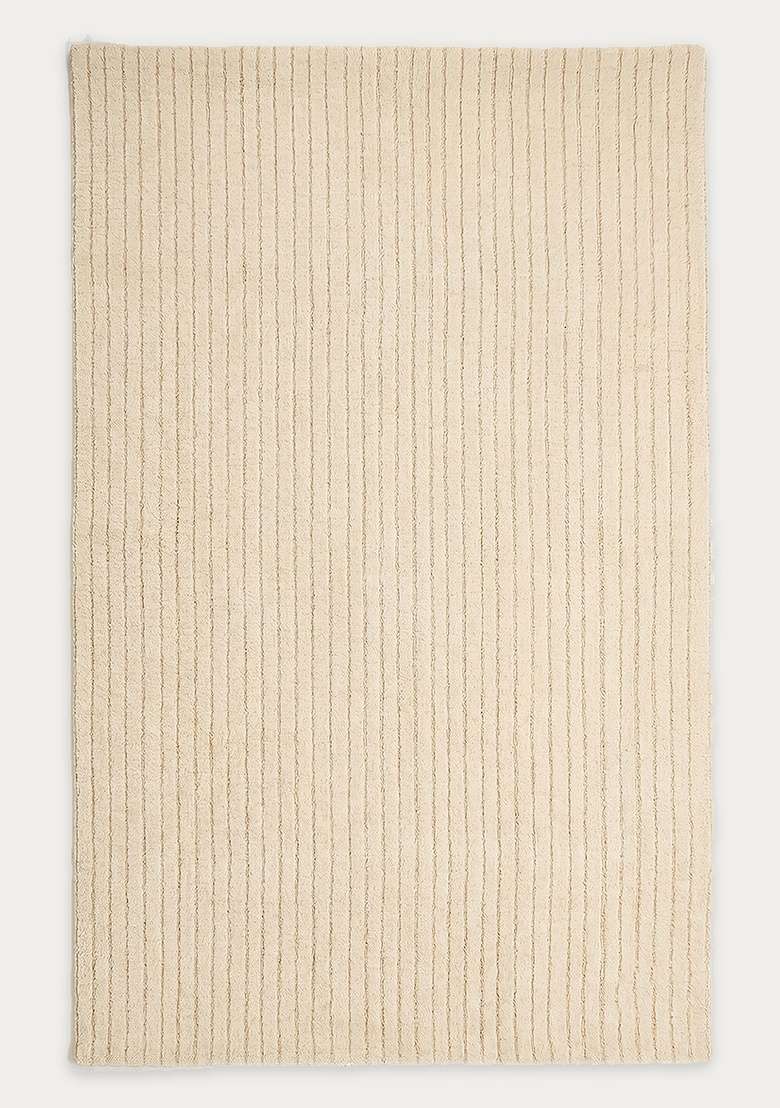 100% Wool Handmade Cream Rug | Minimalist Striped Carpet With Cotton Backing For Living Room - Indya