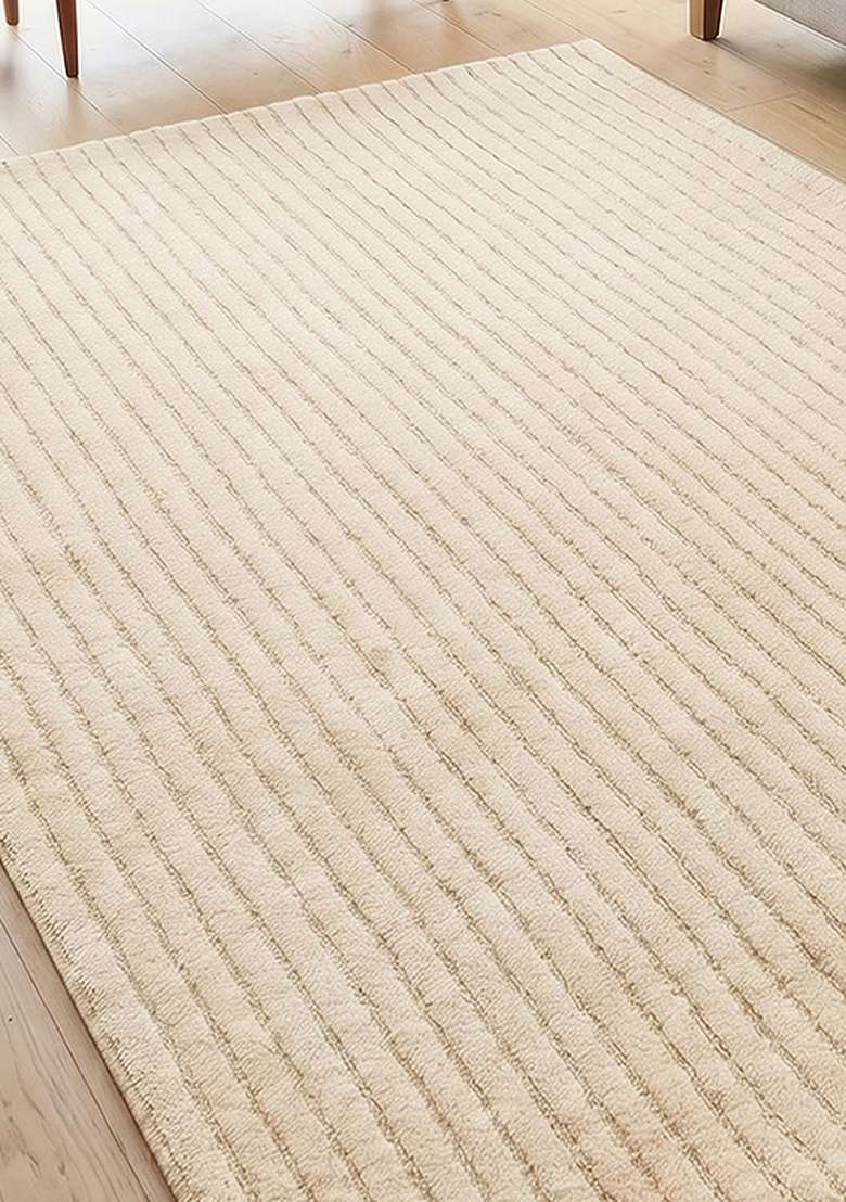 Saffron Rugs Hand-Tufted 100% Wool Area Rug | Cream Rectangular Rug | Cotton Backing | Minimalist Striped Home Decor Carpet for Living Room Bedroom - Indya