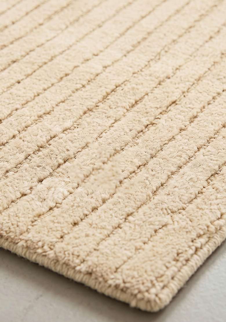 100% Wool Handmade Cream Rug | Minimalist Striped Carpet With Cotton Backing For Living Room - Indya