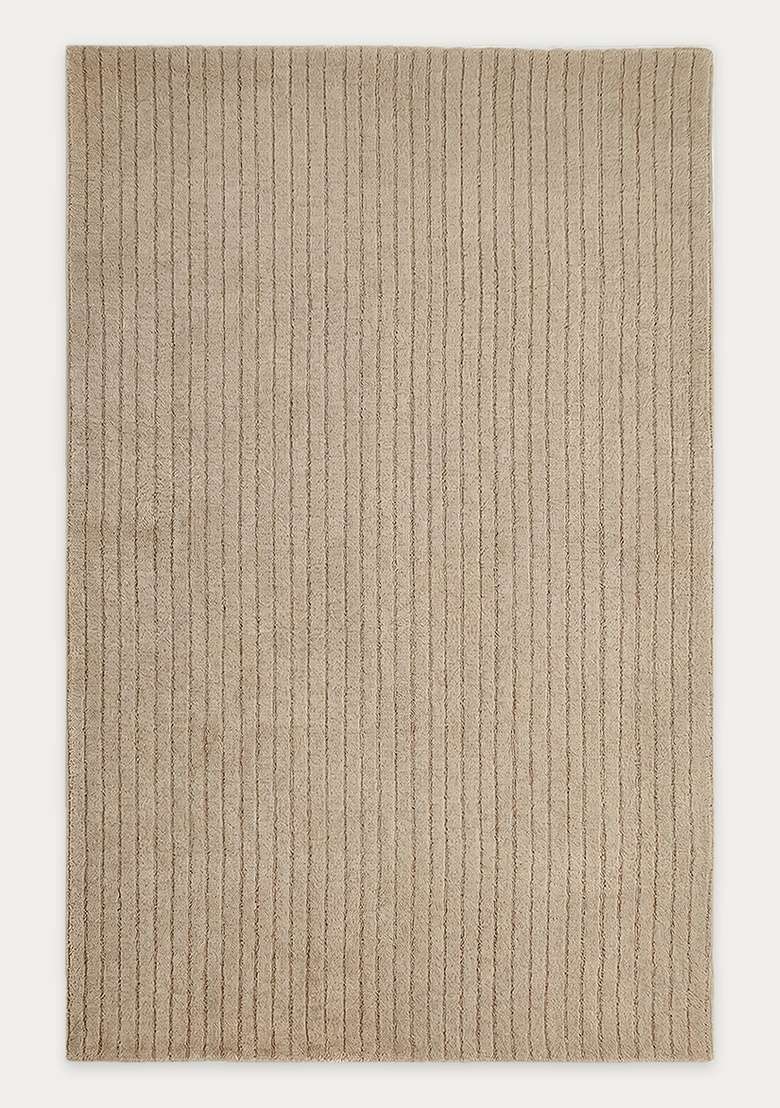 100% Wool Handmade Taupe Rug | Minimalist Striped Carpet With Cotton Backing For Living Room - Indya