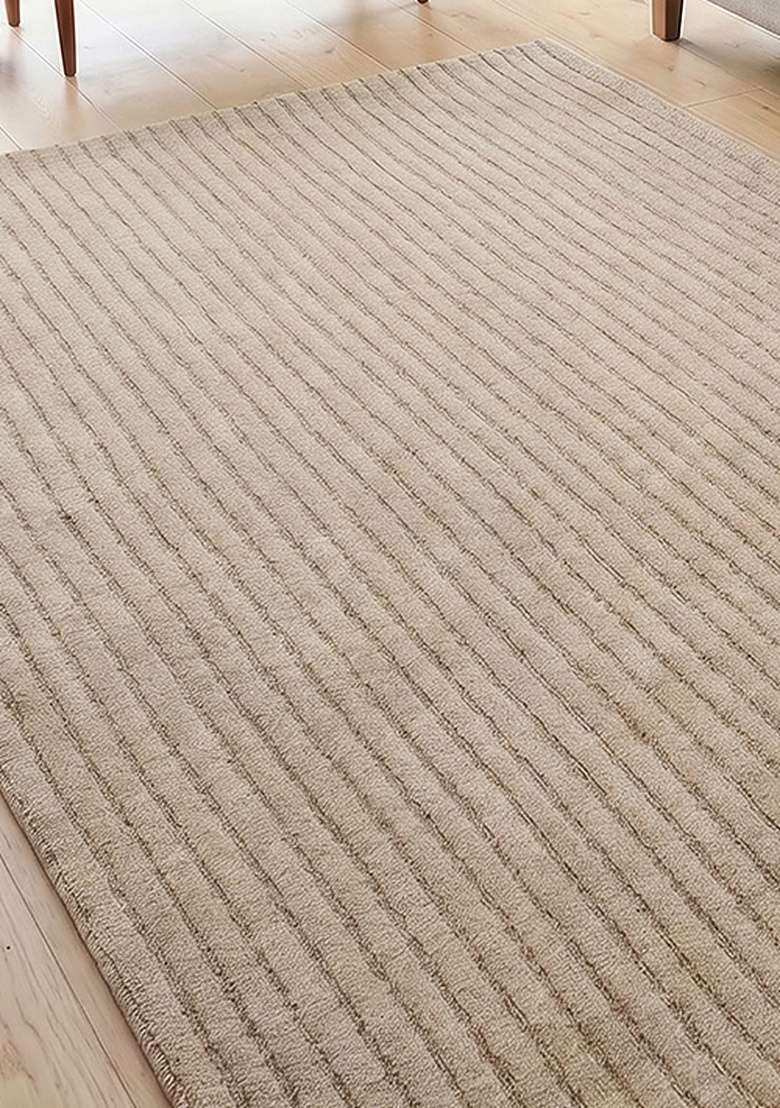 100% Wool Handmade Taupe Rug | Minimalist Striped Carpet With Cotton Backing For Living Room - Indya