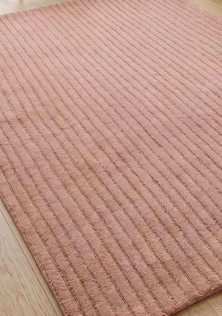 100% Wool Handmade Dusty Rose Rug | Minimalist Striped Carpet With Cotton Backing For Living Room - Indya