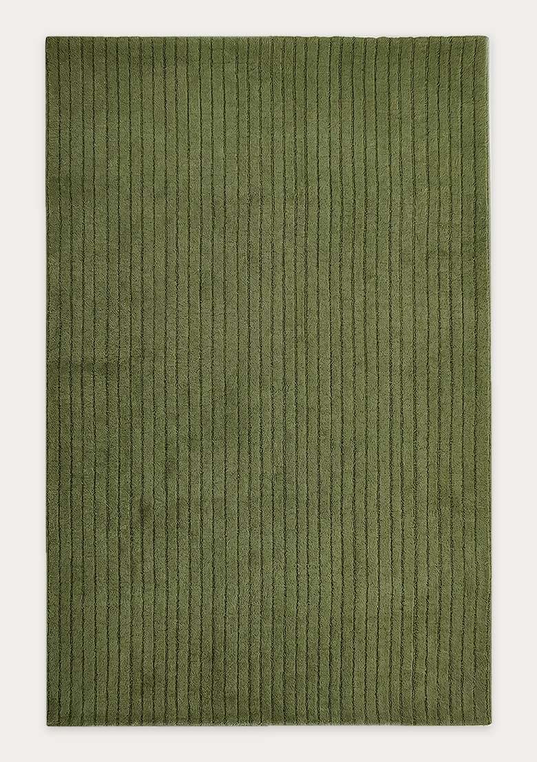 100% Wool Handmade Olive Green Rug | Minimalist Striped Carpet With Cotton Backing For Living Room - Indya