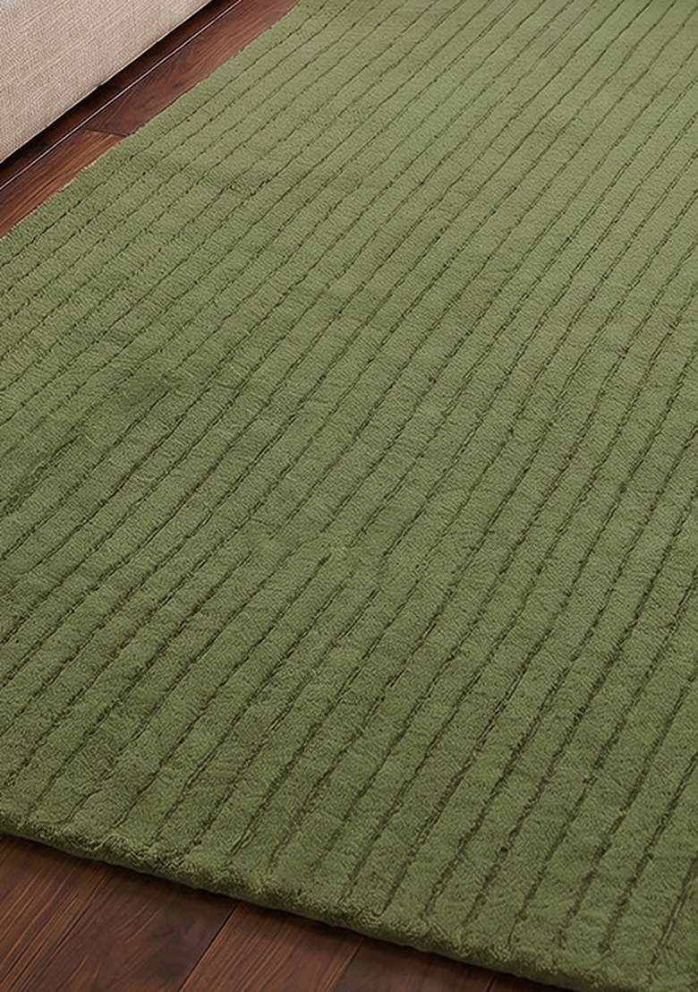 100% Wool Handmade Olive Green Rug | Minimalist Striped Carpet With Cotton Backing For Living Room - Indya