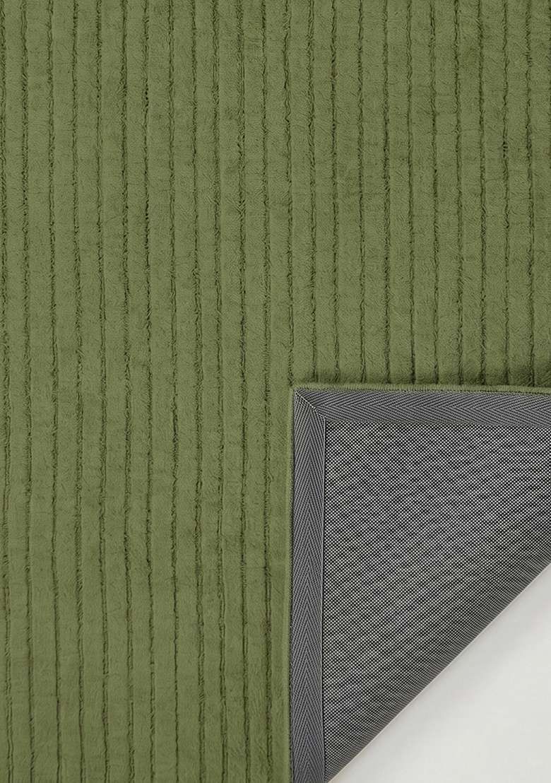 100% Wool Handmade Olive Green Rug | Minimalist Striped Carpet With Cotton Backing For Living Room - Indya