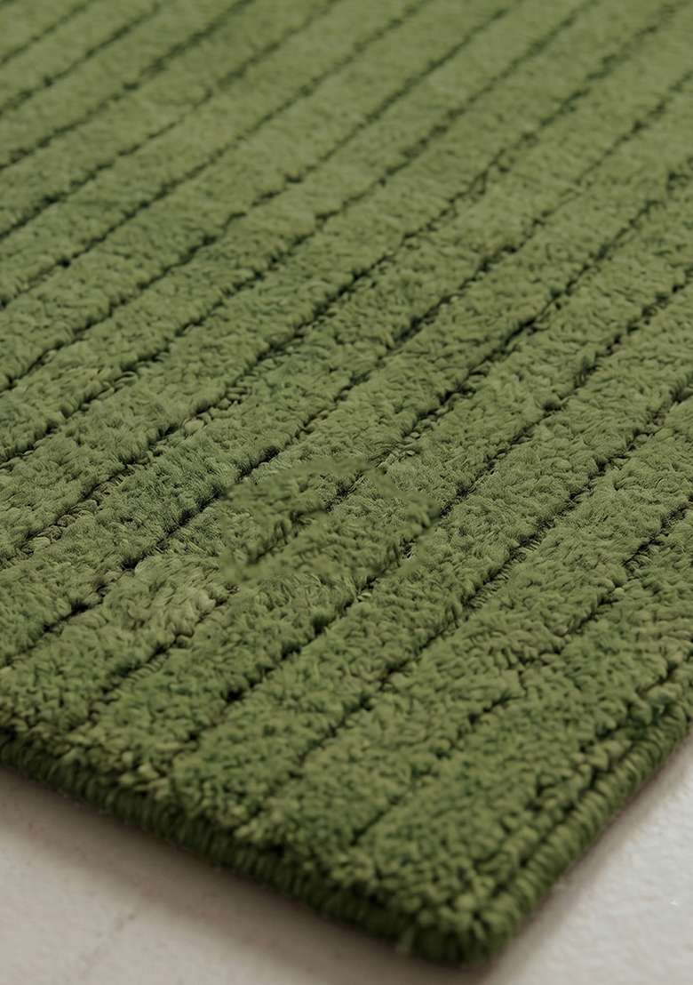 100% Wool Handmade Olive Green Rug | Minimalist Striped Carpet With Cotton Backing For Living Room - Indya