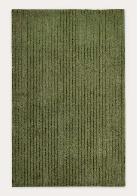 100% Wool Handmade Olive Green Rug | Minimalist Striped Carpet With Cotton Backing For Living Room
