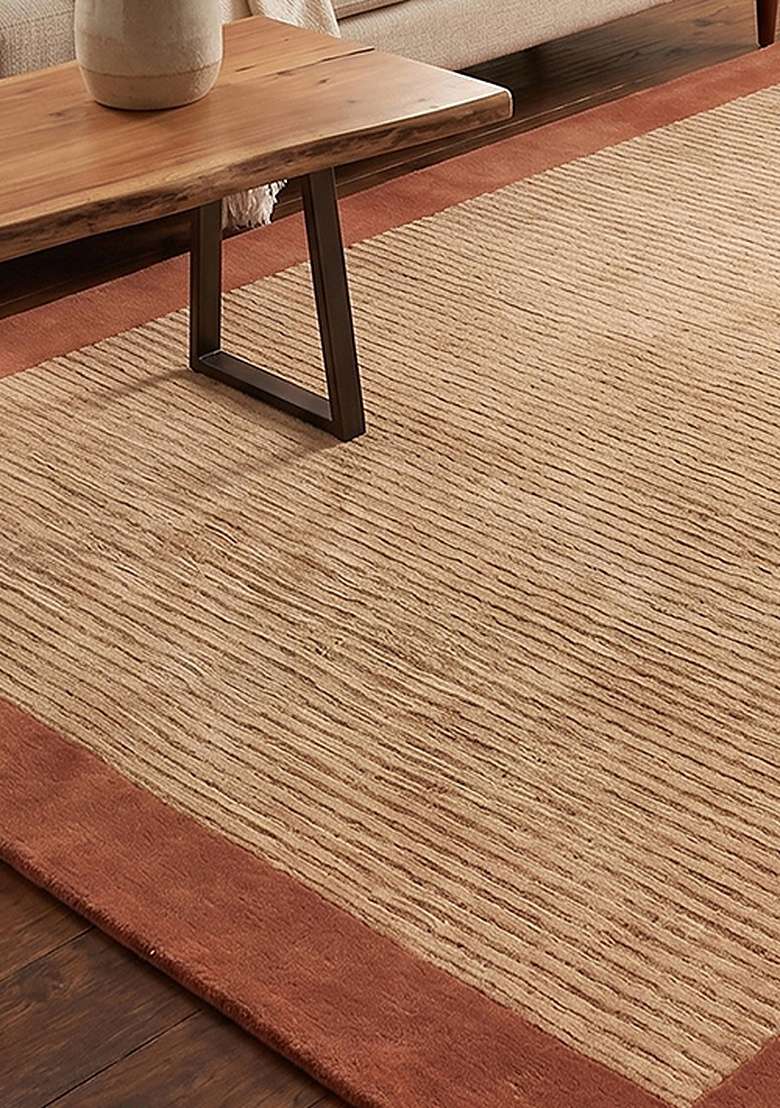 Saffron Rugs Hand-Tufted 100% Wool Area Rug | Sandy-Beige Rectangular Rug | Cotton Backing | Transitional Striped Home Decor Carpet for Living Room Bedroom - Indya
