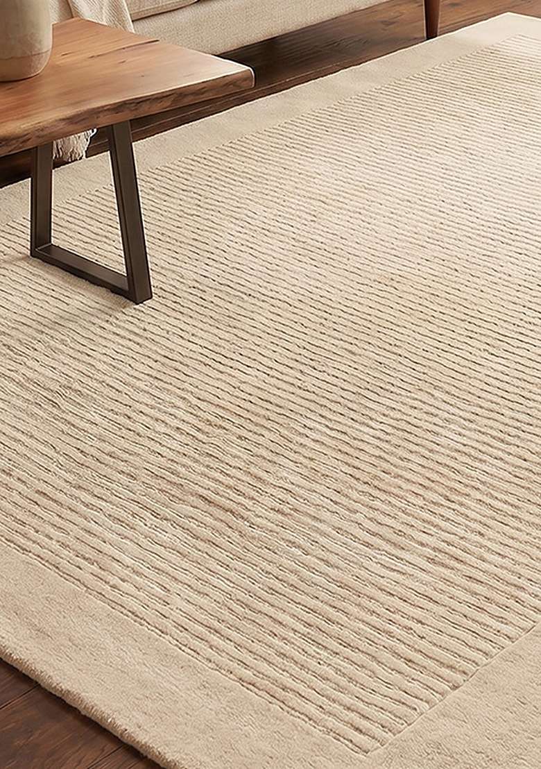 Saffron Rugs Hand-Tufted 100% Wool Area Rug | Cream Rectangular Rug | Cotton Backing | Transitional Striped Home Decor Carpet for Living Room Bedroom - Indya