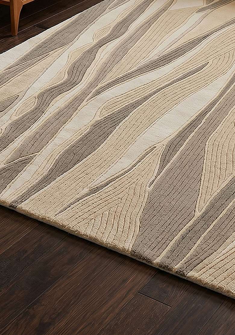 Saffron Rugs Hand-Tufted 100% Wool Area Rug | Ivory Beige Rectangular Rug | Cotton Backing | Contemporary Leaf Home Decor Carpet for Living Room Bedroom - Indya