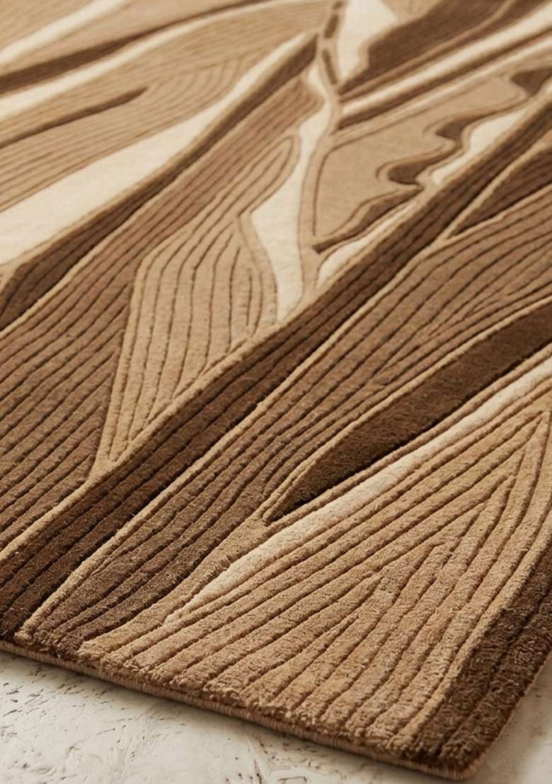 Saffron Rugs Hand-Tufted 100% Wool Area Rug | Brown Rectangular Rug | Cotton Backing | Contemporary Leaf Home Decor Carpet for Living Room Bedroom - Indya
