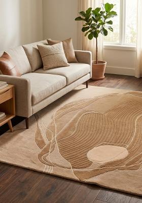 Saffron Rugs Hand-Tufted 100% Wool Area Rug | Camel Tan Rectangular Rug | Cotton Backing | Contemporary Swirls Home Decor Carpet for Living Room Bedroom