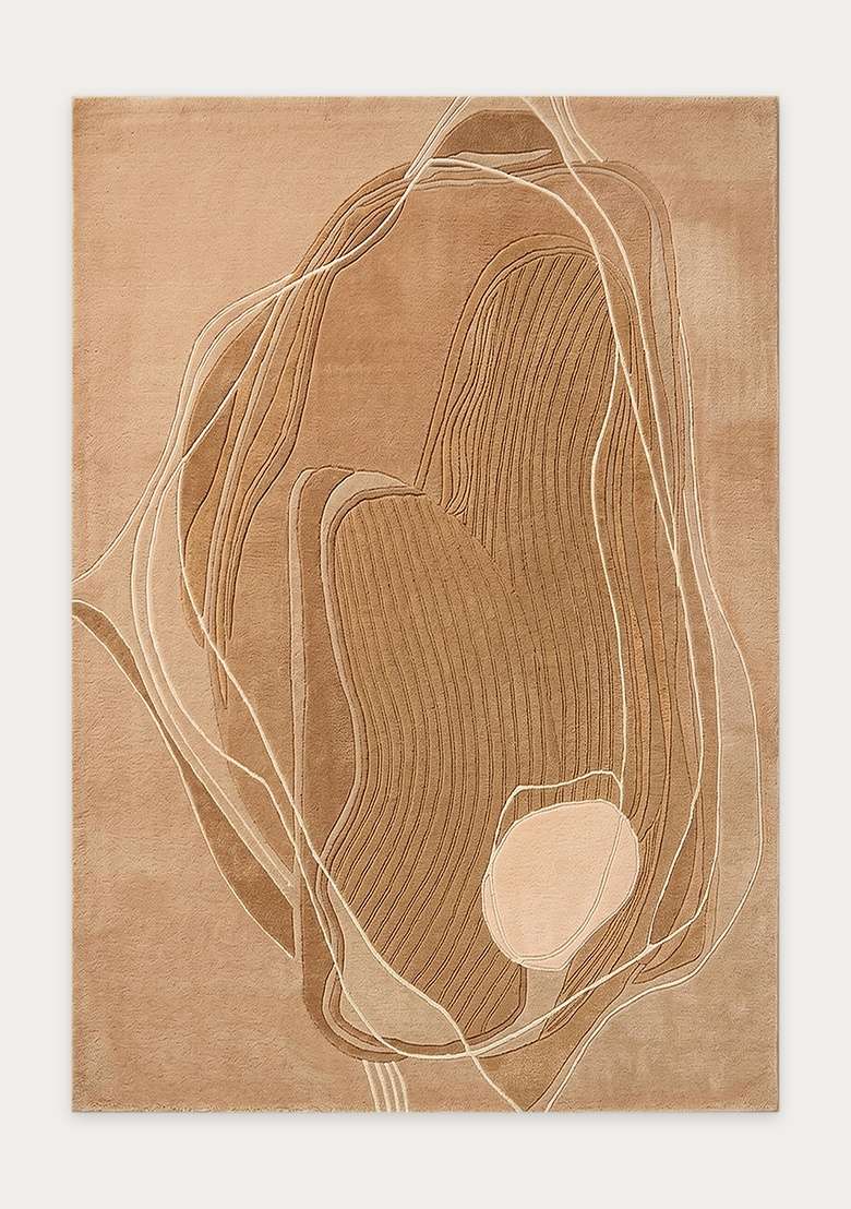 100% Wool Handmade Camel Tan Rug | Contemporary Swirls Carpet With Cotton Backing For Living Room - Indya