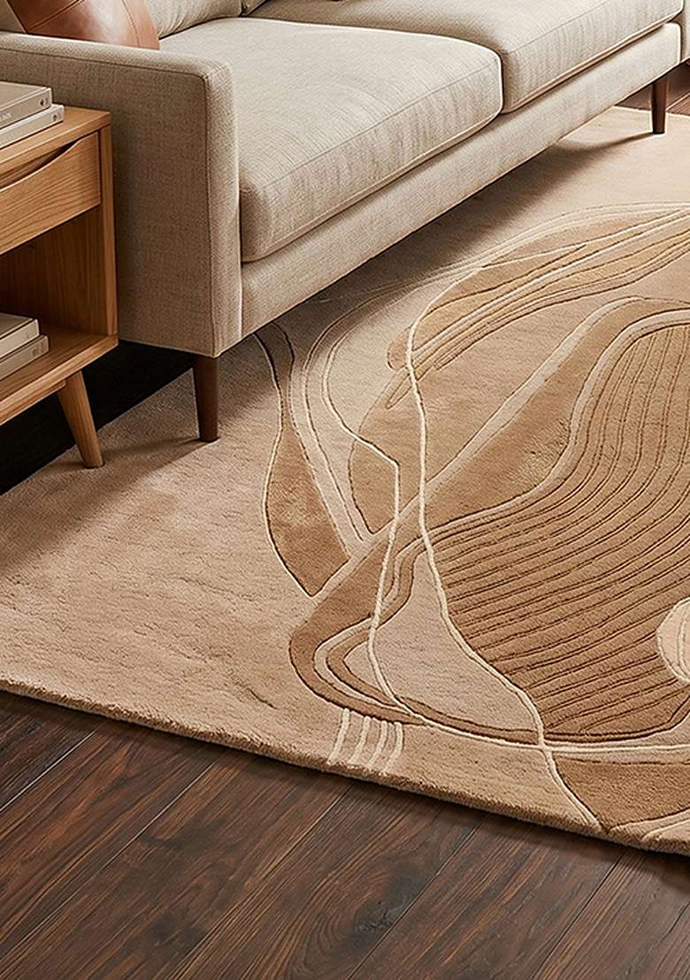 100% Wool Handmade Camel Tan Rug | Contemporary Swirls Carpet With Cotton Backing For Living Room - Indya