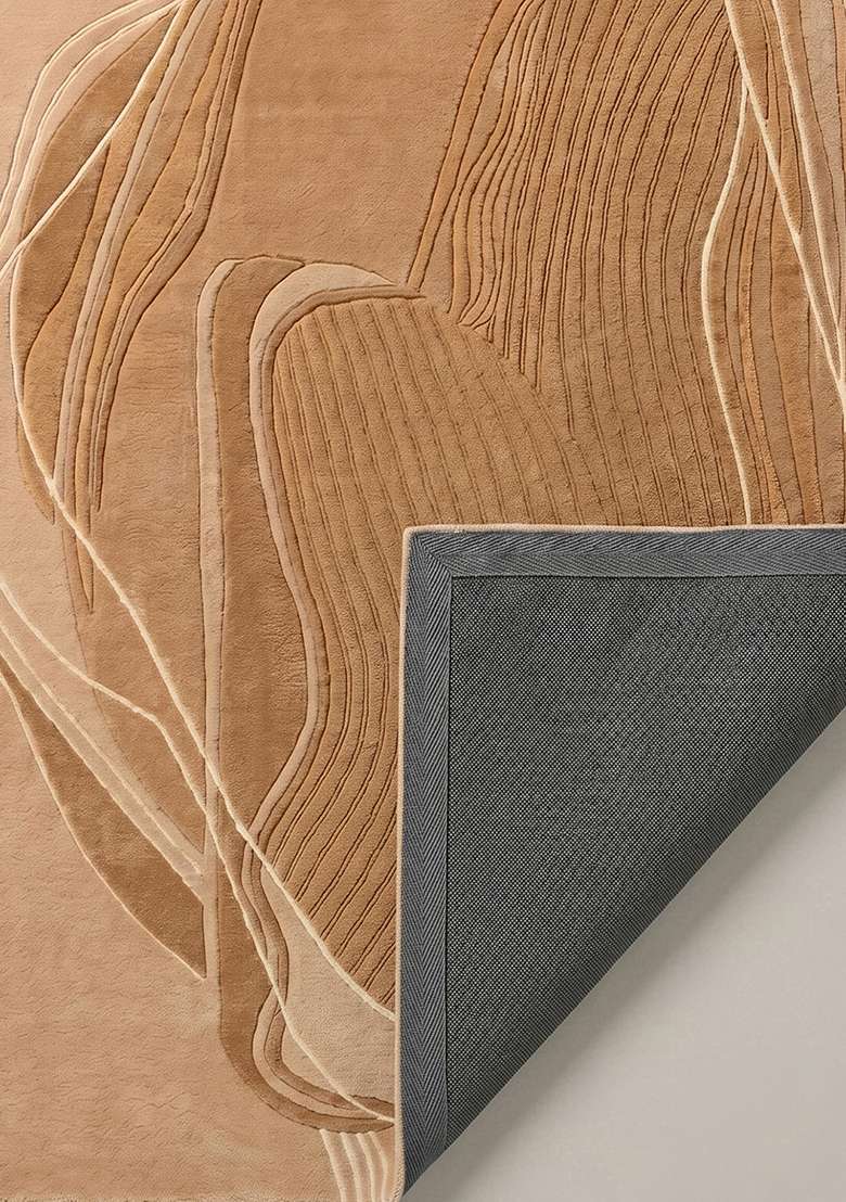 100% Wool Handmade Camel Tan Rug | Contemporary Swirls Carpet With Cotton Backing For Living Room - Indya