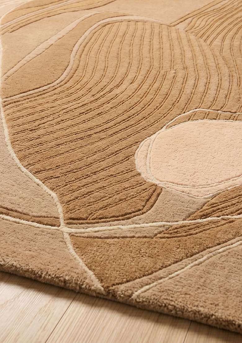 100% Wool Handmade Camel Tan Rug | Contemporary Swirls Carpet With Cotton Backing For Living Room - Indya