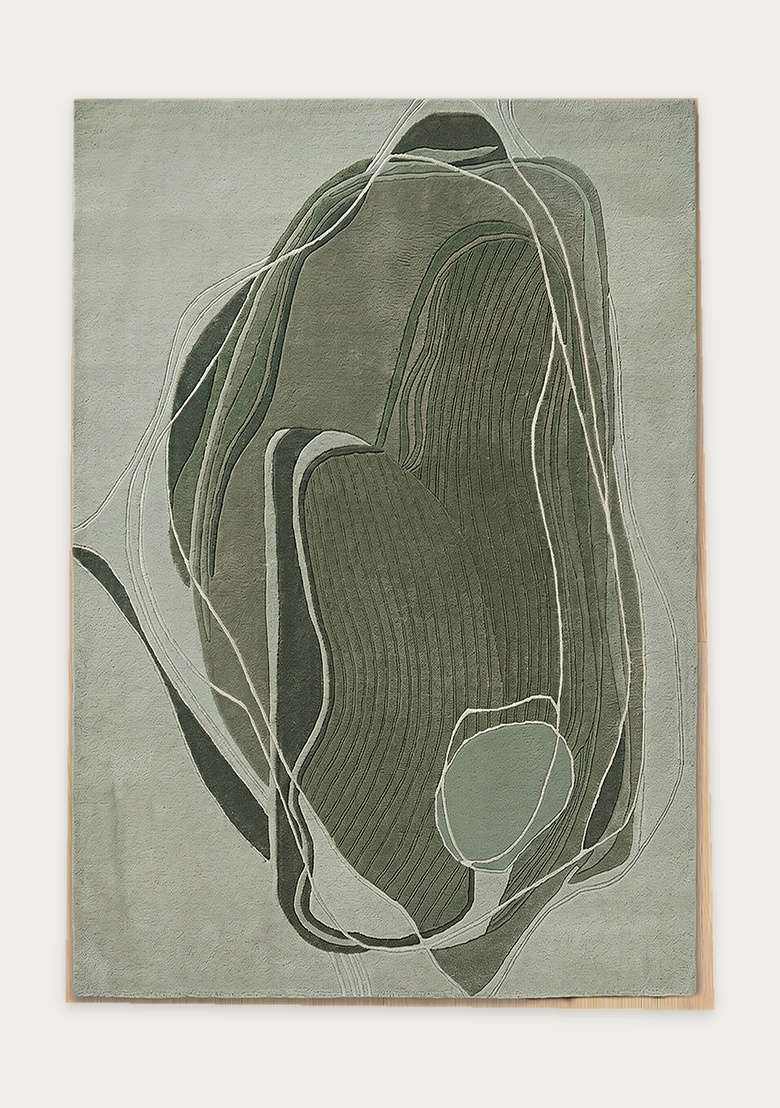100% Wool Handmade Sage Green Rug | Contemporary Swirls Carpet With Cotton Backing For Living Room - Indya