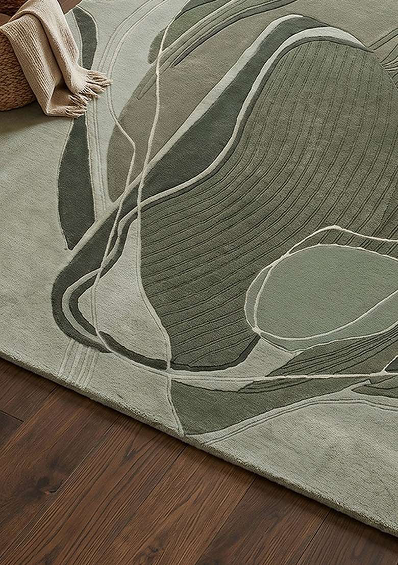 100% Wool Handmade Sage Green Rug | Contemporary Swirls Carpet With Cotton Backing For Living Room - Indya