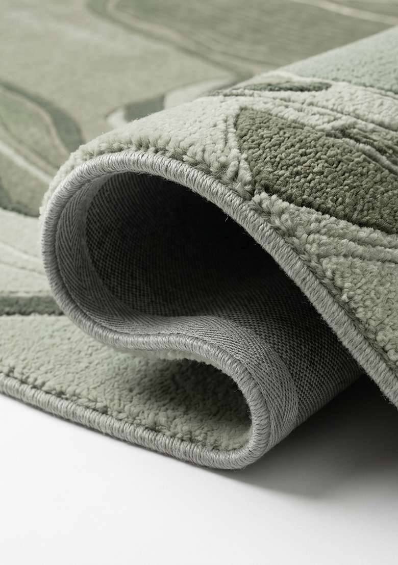 100% Wool Handmade Sage Green Rug | Contemporary Swirls Carpet With Cotton Backing For Living Room - Indya