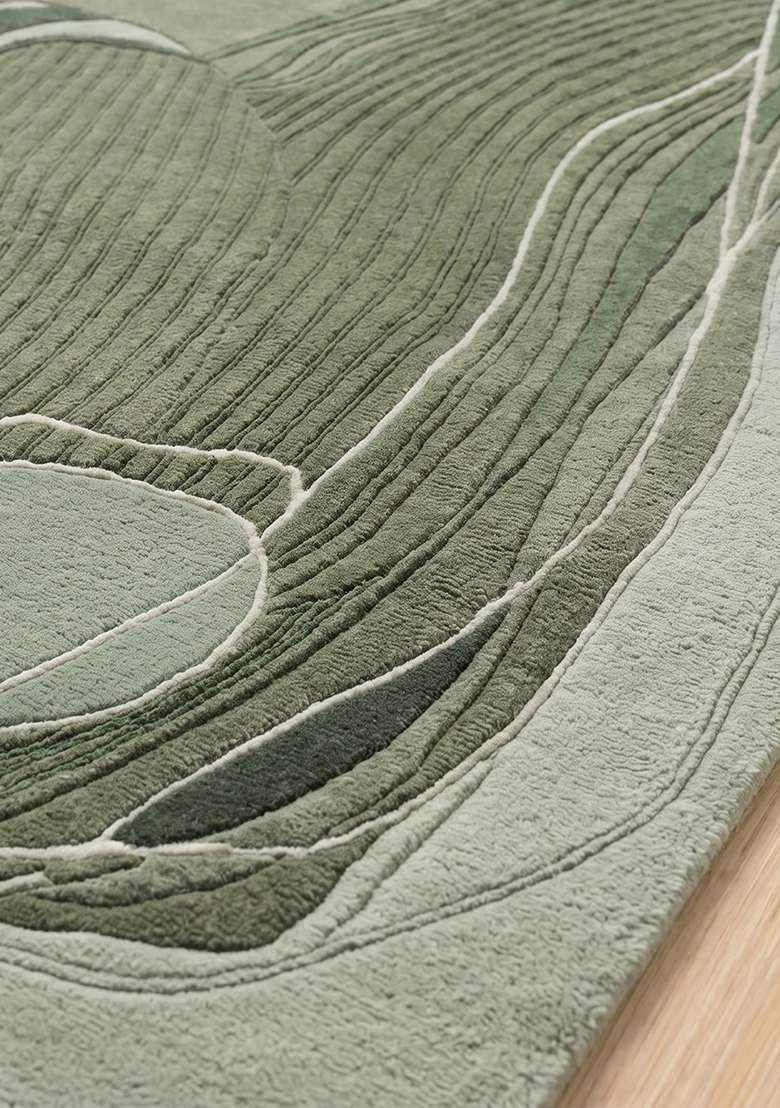 100% Wool Handmade Sage Green Rug | Contemporary Swirls Carpet With Cotton Backing For Living Room - Indya