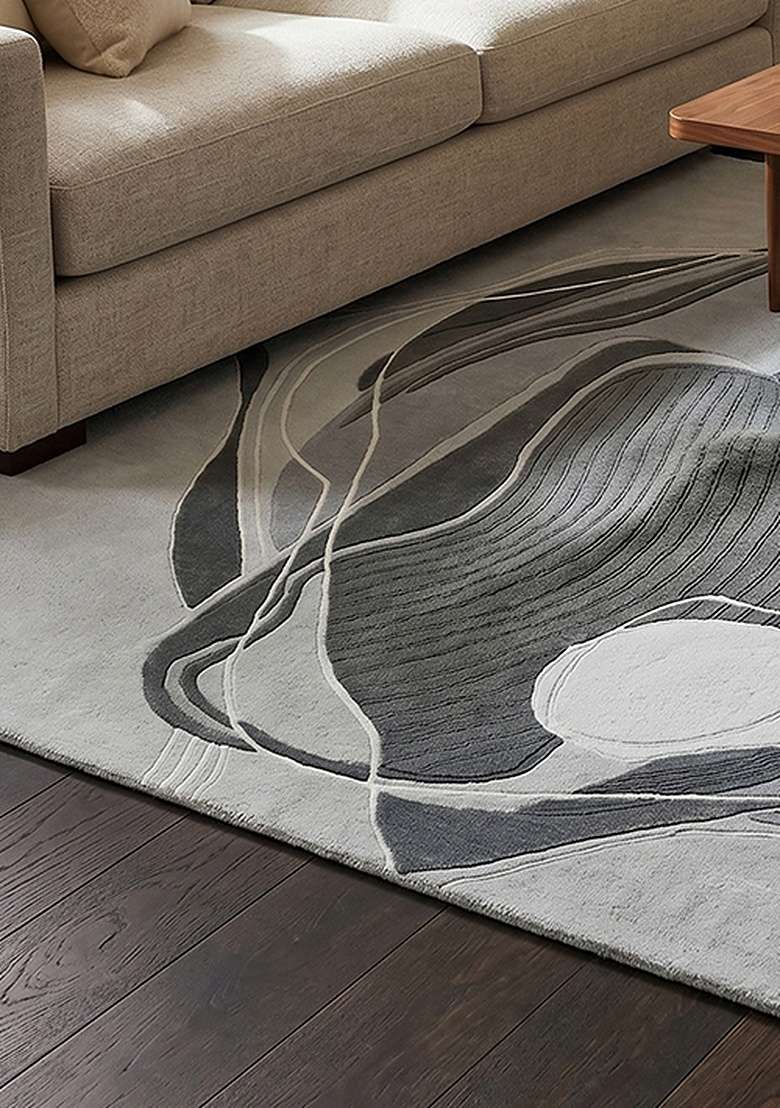 Saffron Rugs Hand-Tufted 100% Wool Area Rug | Slate Gray Rectangular Rug | Cotton Backing | Contemporary Swirls Home Decor Carpet for Living Room Bedroom - Indya