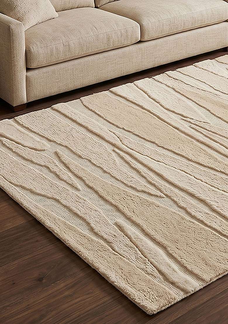 Saffron Rugs Hand-Tufted 100% Wool Area Rug | Ivory Rectangular Rug | Cotton Backing | Contemporary Striped Home Decor Carpet for Living Room Bedroom - Indya