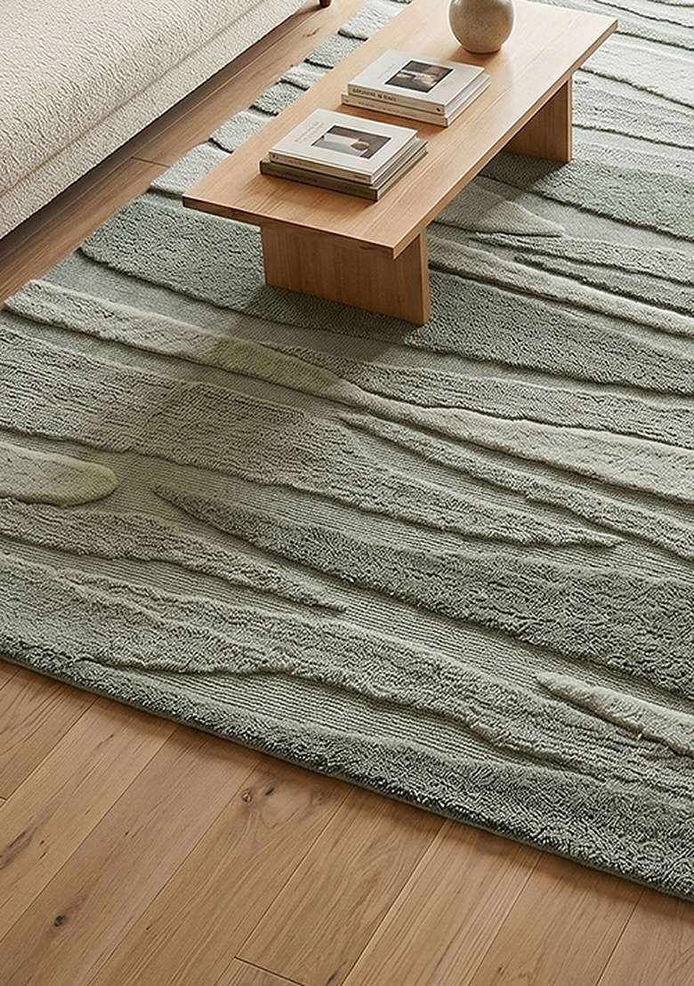 Saffron Rugs Hand-Tufted 100% Wool Area Rug | Muted Sage Green Rectangular Rug | Cotton Backing | Contemporary Striped Home Decor Carpet for Living Room Bedroom - Indya