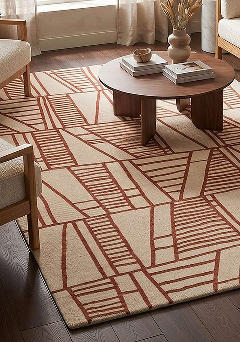 100% Wool Handmade Rust Orange Rug | Bohemian Geometric Carpet With Cotton Backing For Living Room - Indya