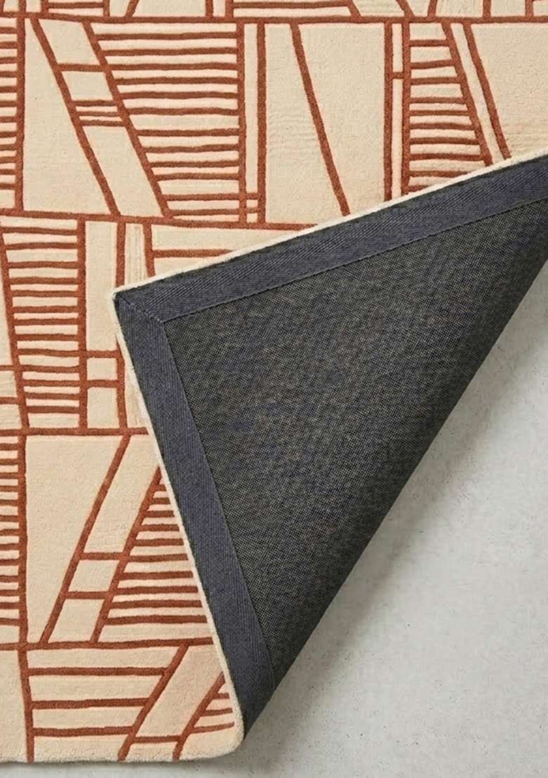 100% Wool Handmade Rust Orange Rug | Bohemian Geometric Carpet With Cotton Backing For Living Room - Indya