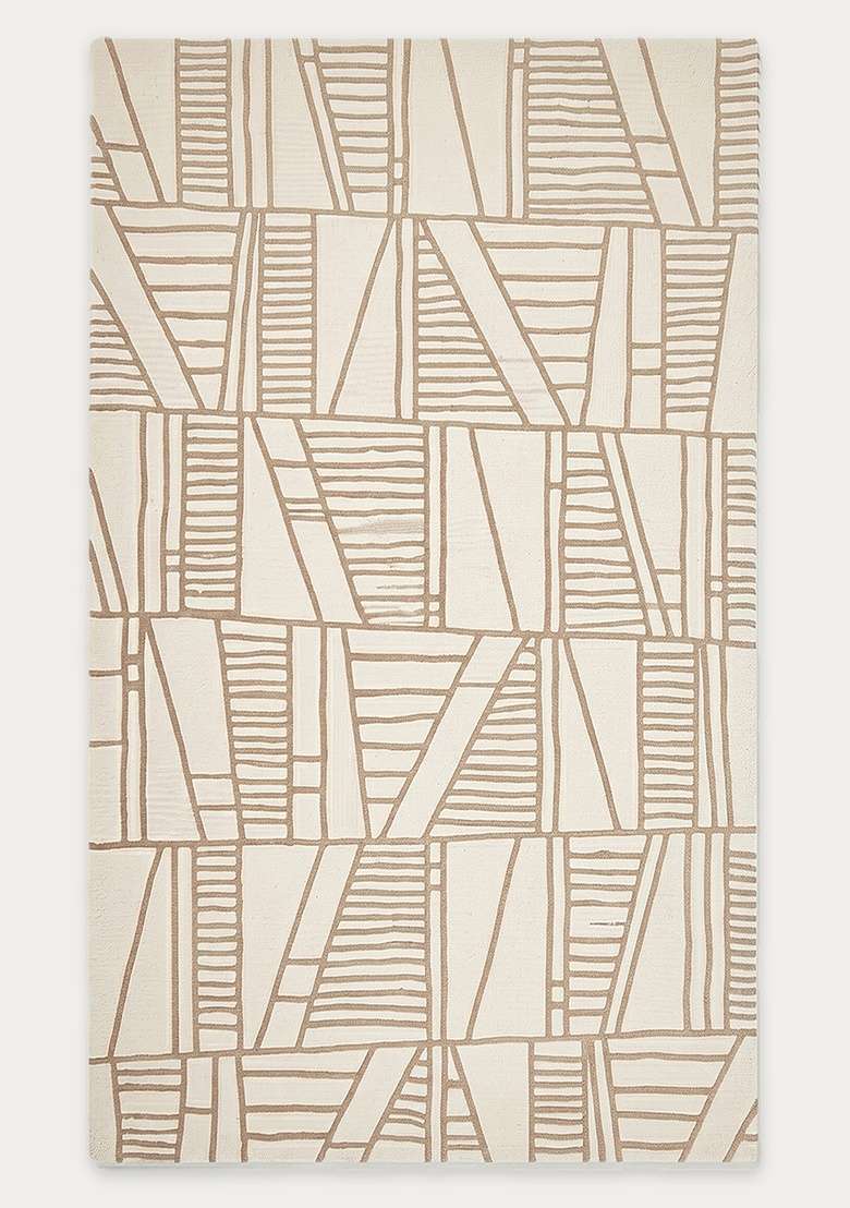 100% Wool Handmade Oatmeal Beige Rug | Bohemian Geometric Carpet With Cotton Backing For Living Room - Indya