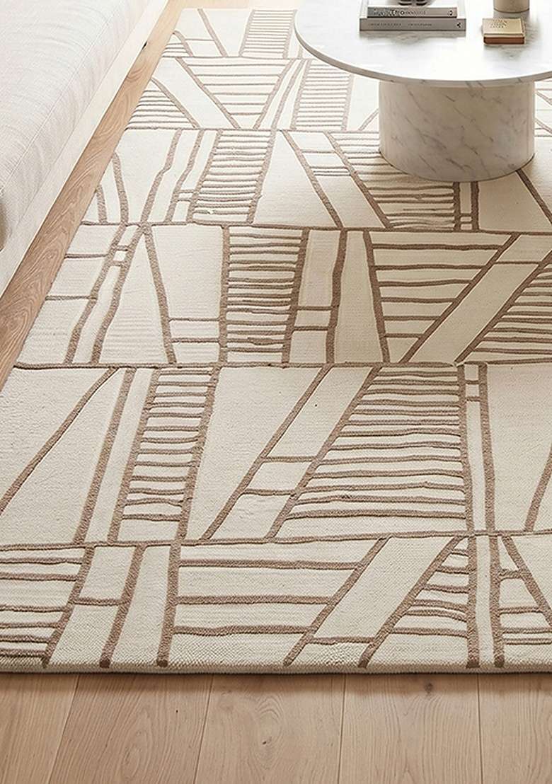 100% Wool Handmade Oatmeal Beige Rug | Bohemian Geometric Carpet With Cotton Backing For Living Room - Indya