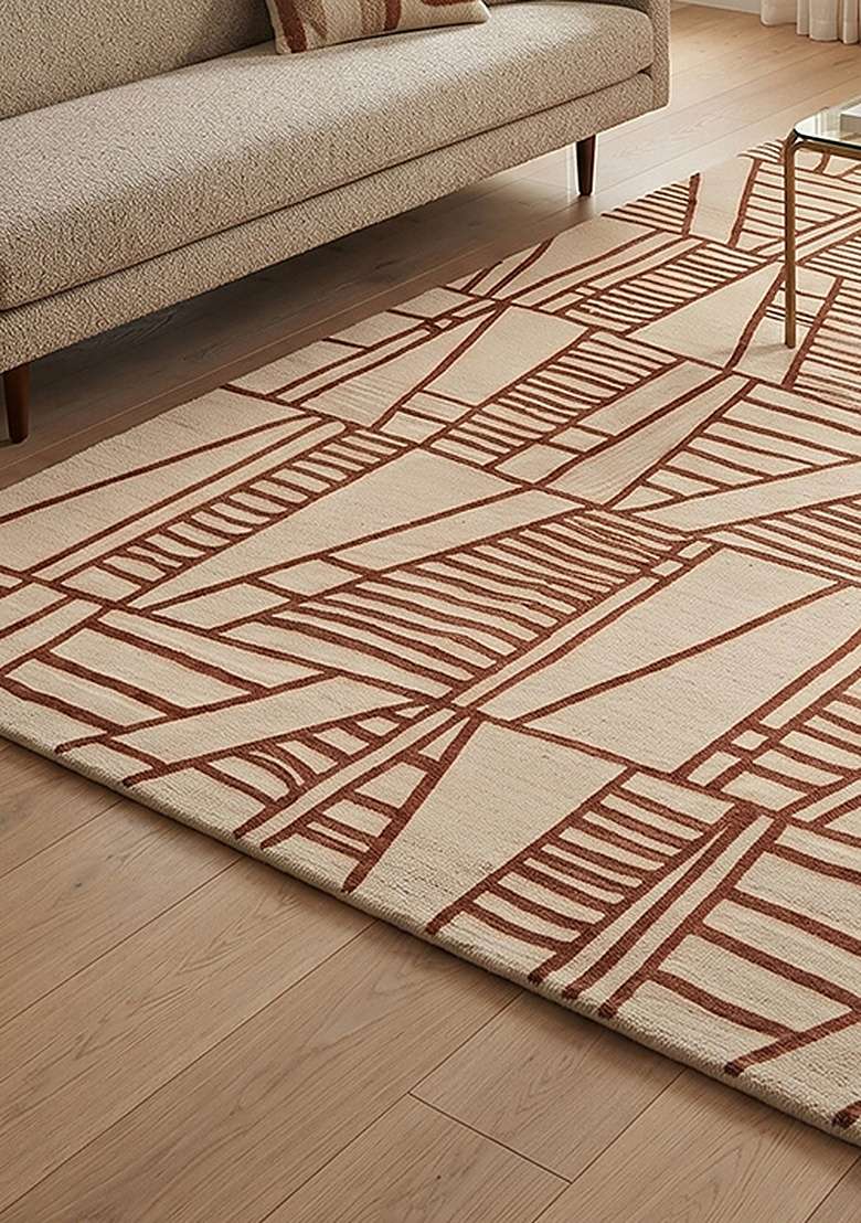 Saffron Rugs Hand-Tufted 100% Wool Area Rug | Chestnut Brown Rectangular Rug | Cotton Backing | Bohemian Geometric Home Decor Carpet for Living Room Bedroom - Indya