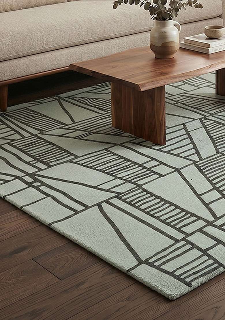 100% Wool Handmade Muted Sage Green Rug | Bohemian Geometric Carpet With Cotton Backing For Living Room - Indya