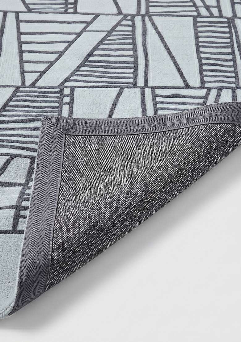 100% Wool Handmade Steel Blue Rug | Bohemian Geometric Carpet With Cotton Backing For Living Room - Indya