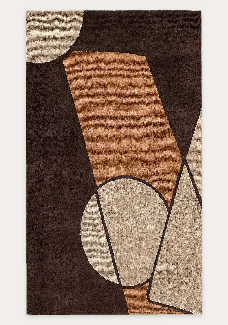 100% Wool Handmade Chocolate Brown Rug | Mid Century Modern Geometric Carpet With Cotton Backing For Living Room - Indya