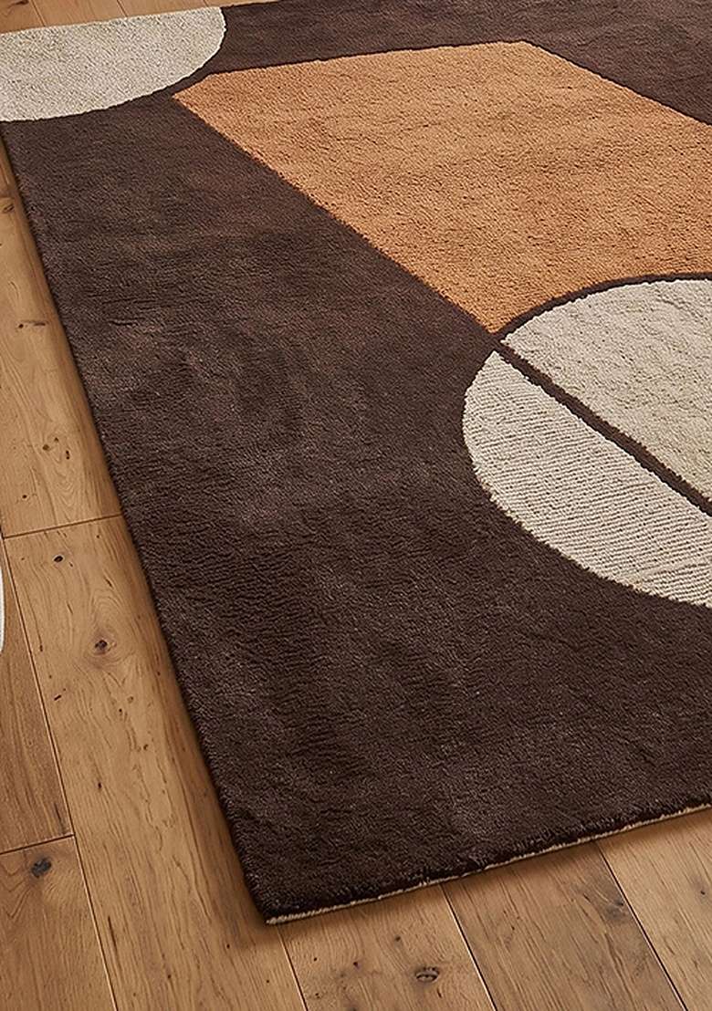 100% Wool Handmade Chocolate Brown Rug | Mid Century Modern Geometric Carpet With Cotton Backing For Living Room - Indya