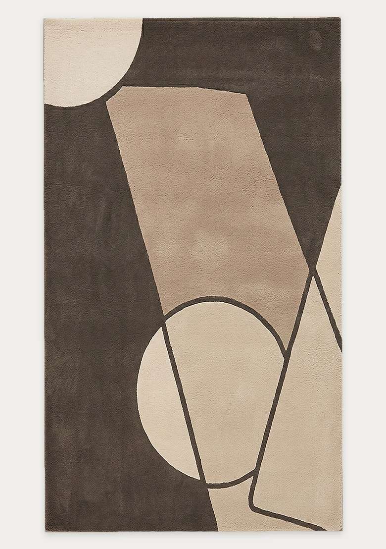 100% Wool Handmade Dark Taupe Rug | Mid Century Modern Geometric Carpet With Cotton Backing For Living Room - Indya