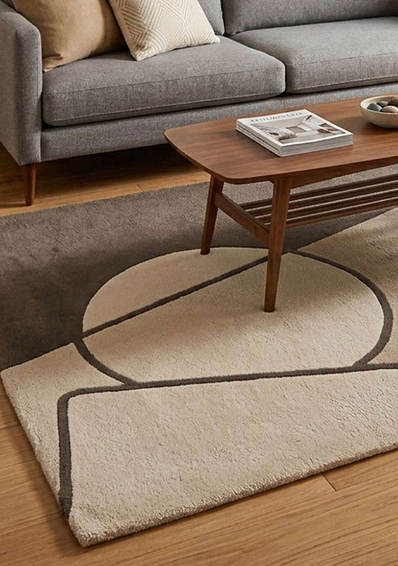 100% Wool Handmade Dark Taupe Rug | Mid Century Modern Geometric Carpet With Cotton Backing For Living Room - Indya