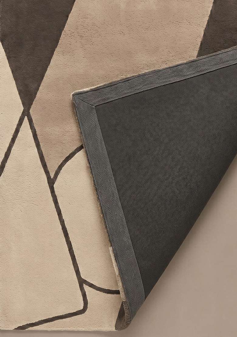 100% Wool Handmade Dark Taupe Rug | Mid Century Modern Geometric Carpet With Cotton Backing For Living Room - Indya