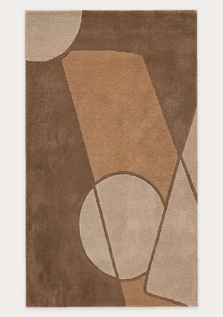 100% Wool Handmade Mocha Rug | Mid Century Modern Geometric Carpet With Cotton Backing For Living Room - Indya