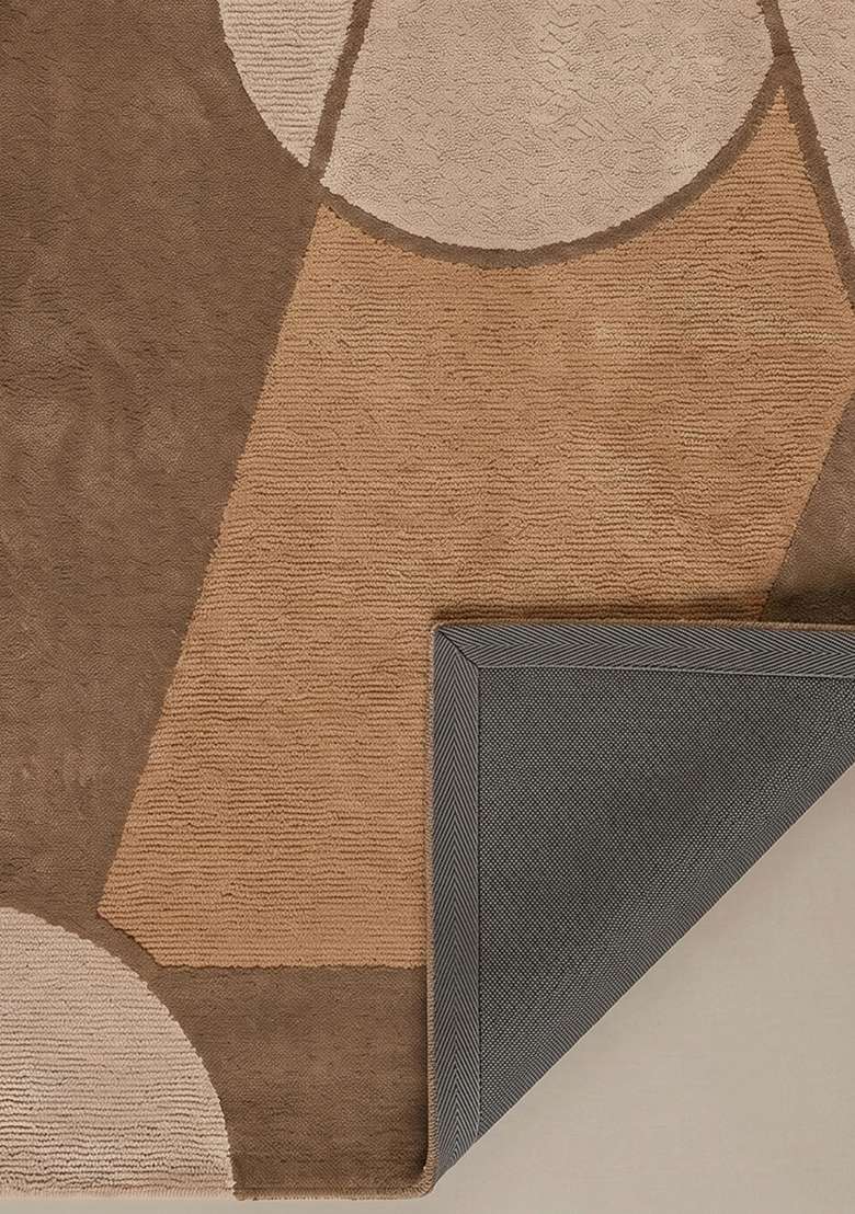 100% Wool Handmade Mocha Rug | Mid Century Modern Geometric Carpet With Cotton Backing For Living Room - Indya